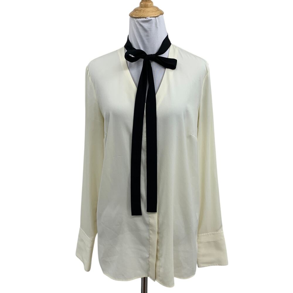 1. State Shirt Womens S Small Cream Black Pussycat Bow Hidden Button Long Sleeve